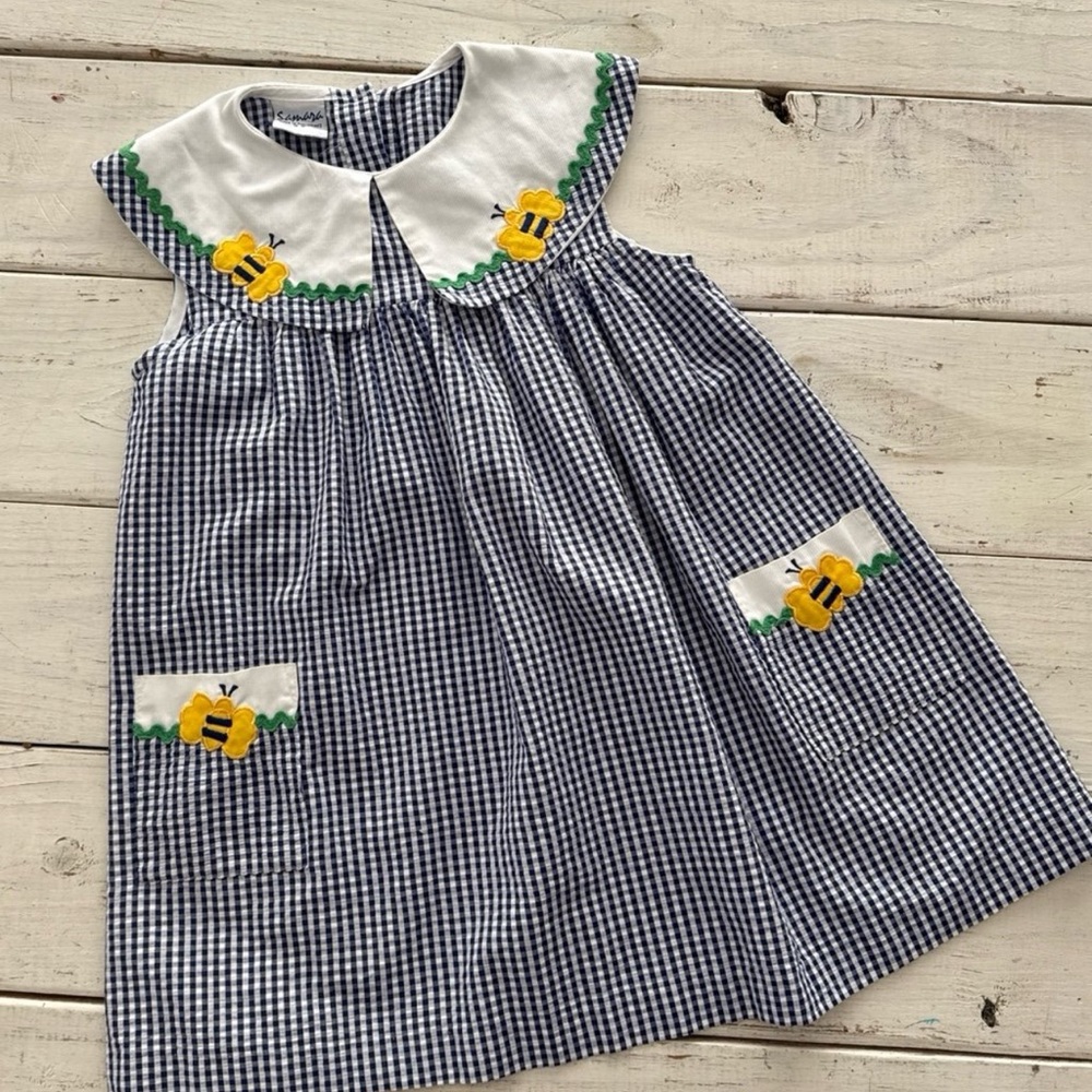 Blue and White Gingham Kids Dress with Bee Appliqué